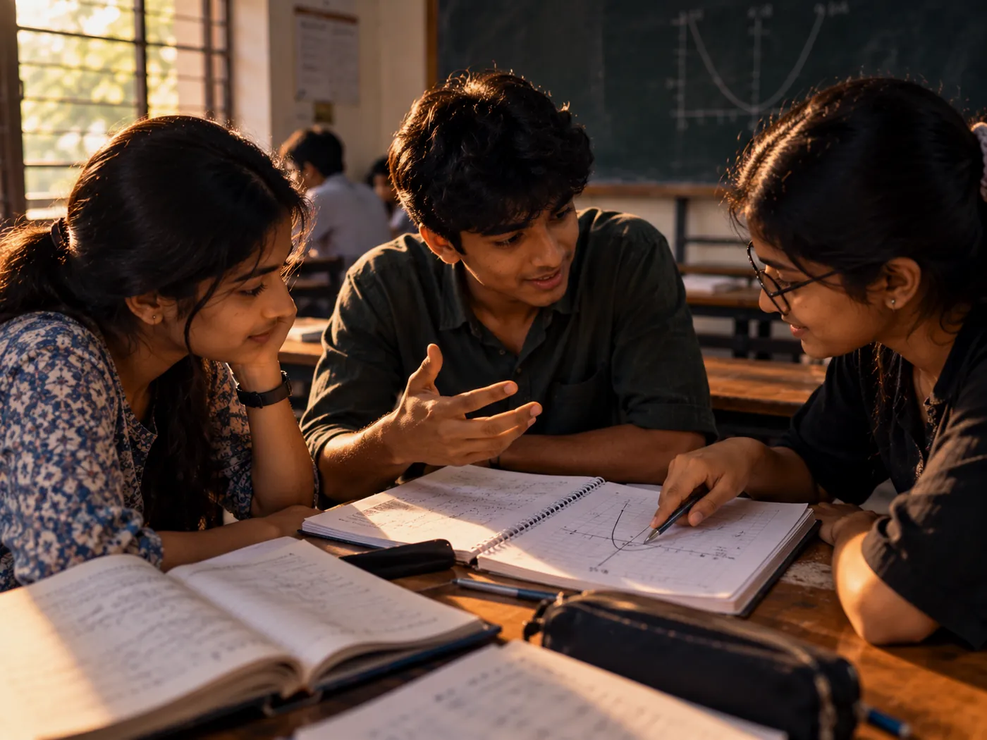 A small group of students discussing a maths problem together at a table