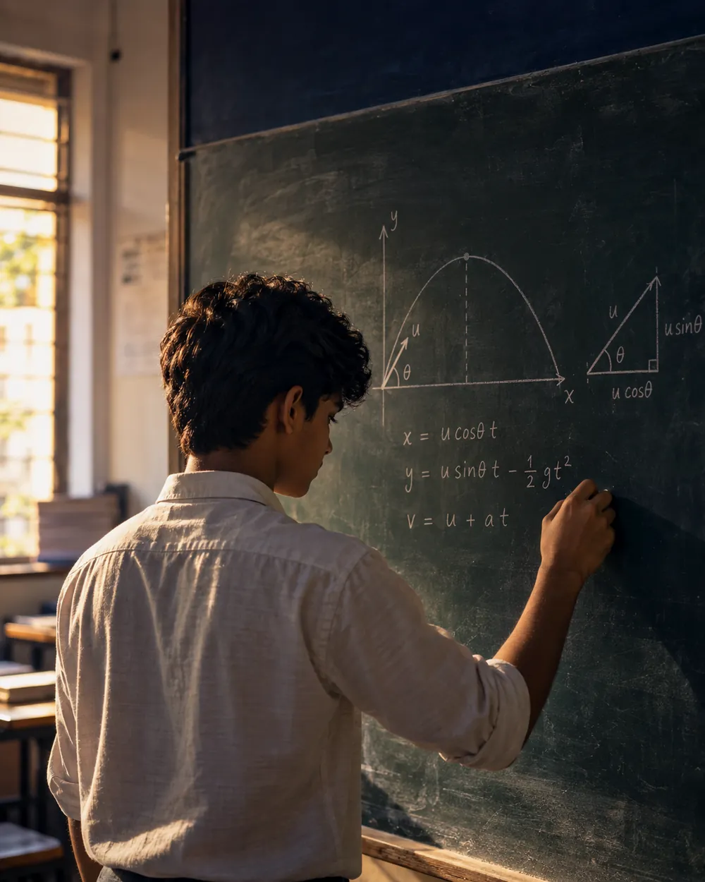 A student working through a physics derivation on a chalkboard