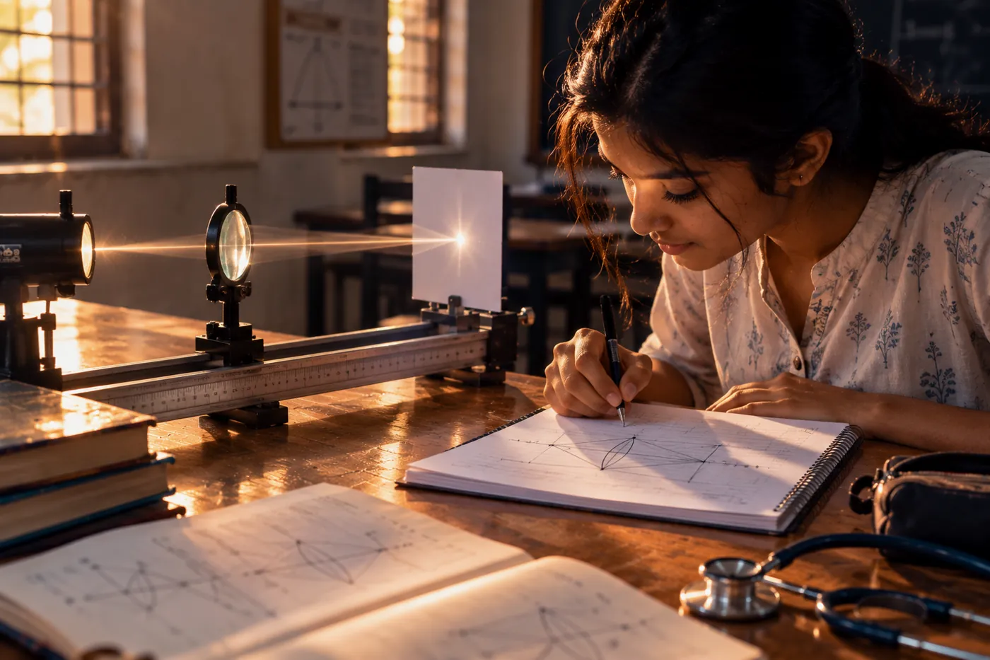 A student studying light passing through a convex lens on an optics bench